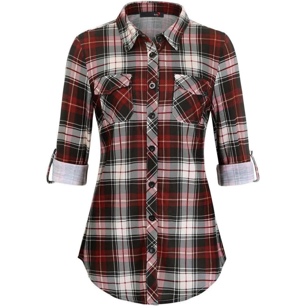 image:imageDJT Womens Soft Stretchy Knit Plaid Shirts Roll Up Long Sleeve Collared Button Down Blouses TopsHaute Red