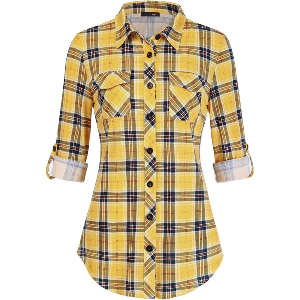image:imageDJT Womens Soft Stretchy Knit Plaid Shirts Roll Up Long Sleeve Collared Button Down Blouses TopsLemon