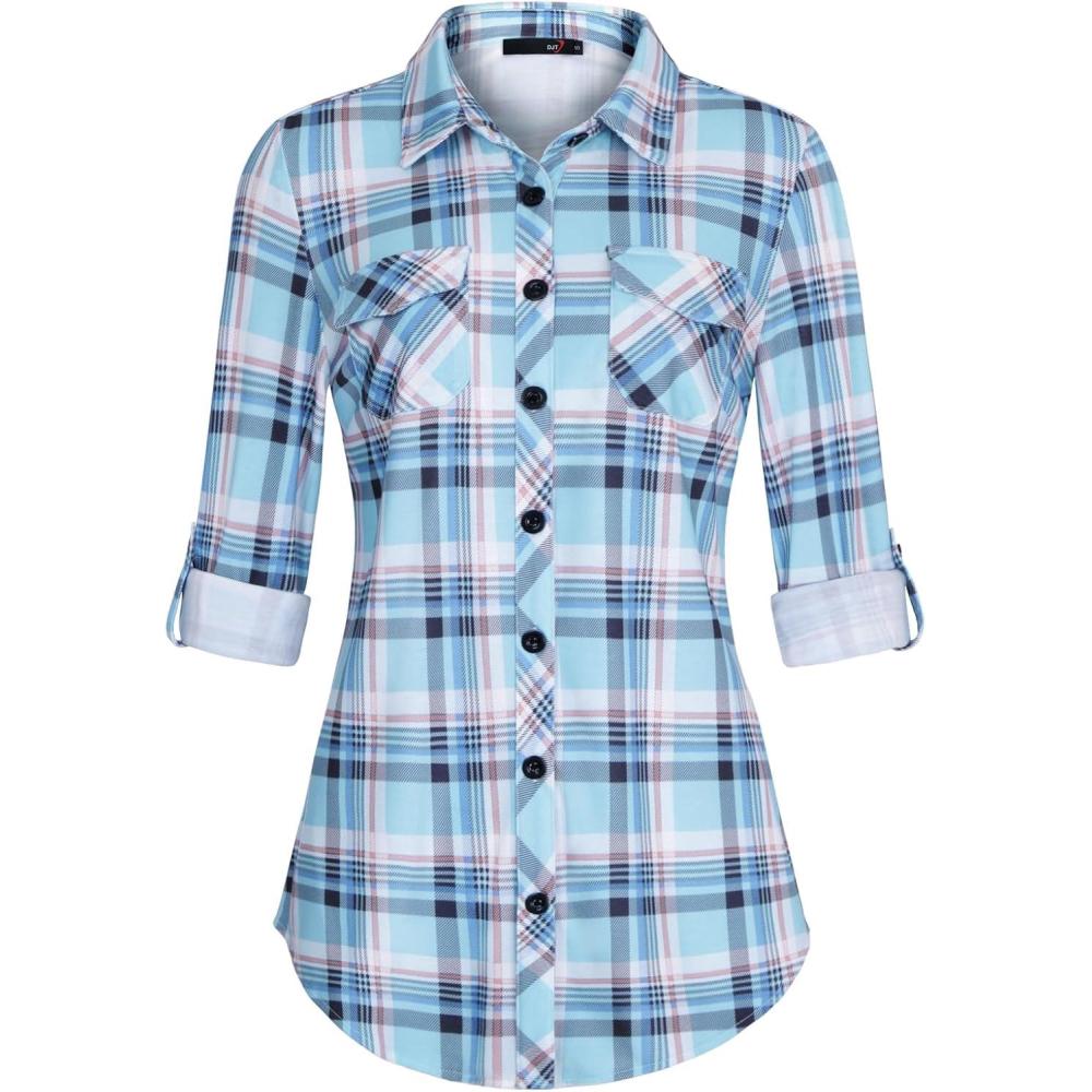 image:imageDJT Womens Soft Stretchy Knit Plaid Shirts Roll Up Long Sleeve Collared Button Down Blouses TopsLight Blue Plaid