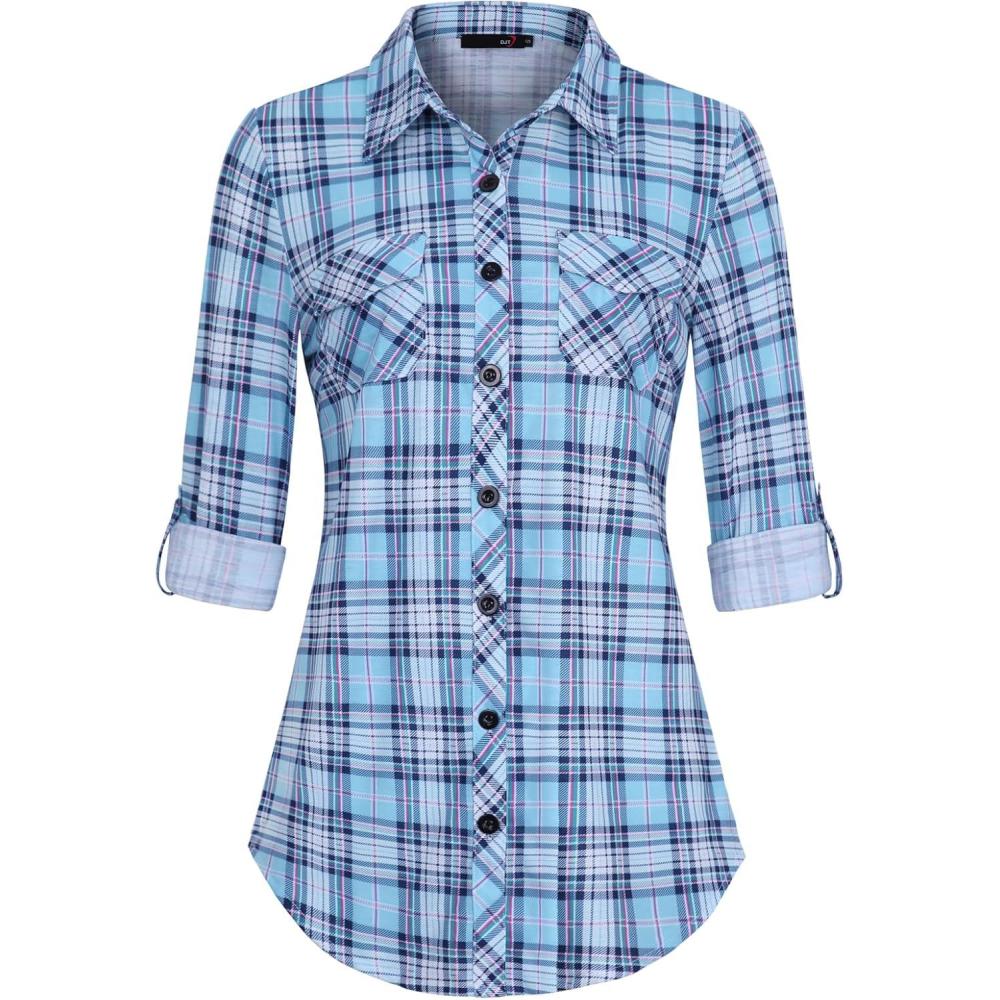 image:imageDJT Womens Soft Stretchy Knit Plaid Shirts Roll Up Long Sleeve Collared Button Down Blouses TopsLight Bluewhite