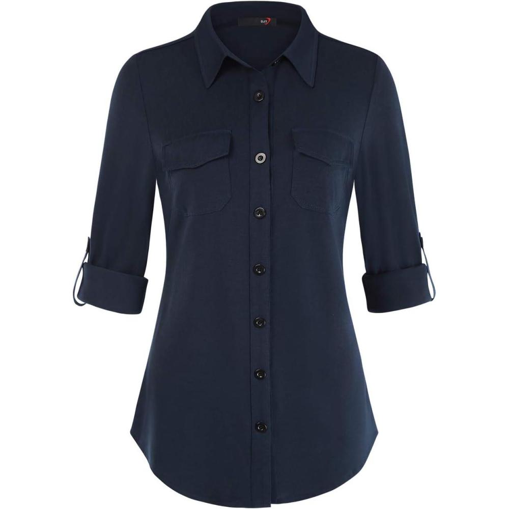 image:imageDJT Womens Soft Stretchy Knit Plaid Shirts Roll Up Long Sleeve Collared Button Down Blouses TopsNavy