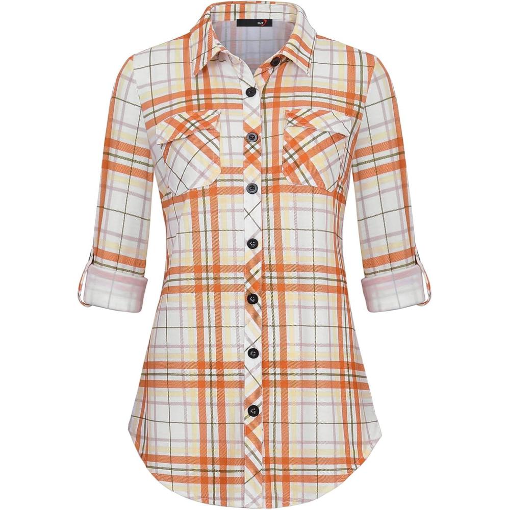 image:imageDJT Womens Soft Stretchy Knit Plaid Shirts Roll Up Long Sleeve Collared Button Down Blouses TopsOrangewhite