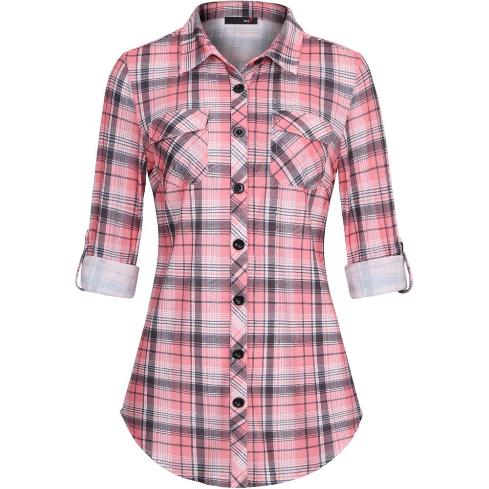 image:imageDJT Womens Soft Stretchy Knit Plaid Shirts Roll Up Long Sleeve Collared Button Down Blouses TopsPink Plaid