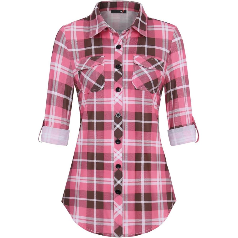 image:imageDJT Womens Soft Stretchy Knit Plaid Shirts Roll Up Long Sleeve Collared Button Down Blouses TopsPinkcoffee