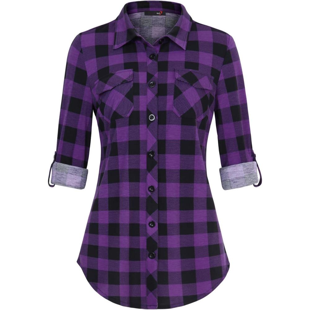 image:imageDJT Womens Soft Stretchy Knit Plaid Shirts Roll Up Long Sleeve Collared Button Down Blouses TopsPurple Black