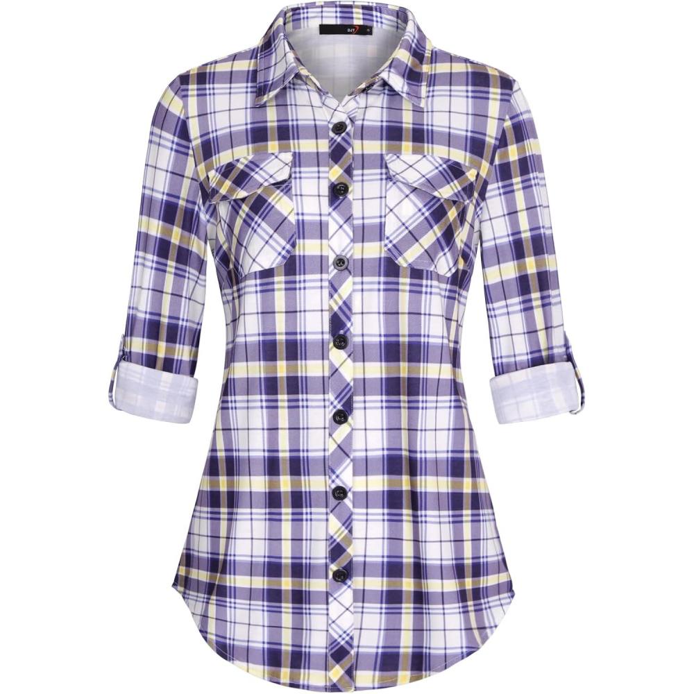 image:imageDJT Womens Soft Stretchy Knit Plaid Shirts Roll Up Long Sleeve Collared Button Down Blouses TopsPurple Plaid
