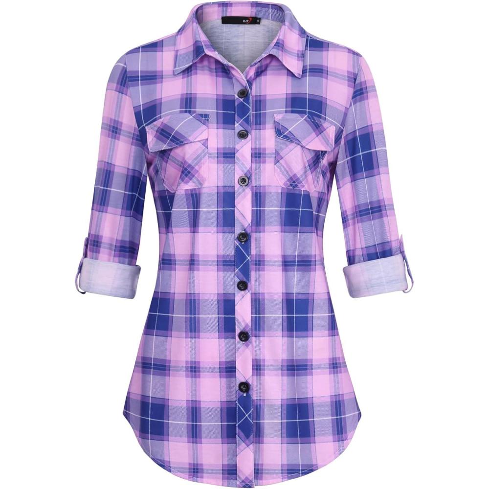 image:imageDJT Womens Soft Stretchy Knit Plaid Shirts Roll Up Long Sleeve Collared Button Down Blouses TopsPurplepink