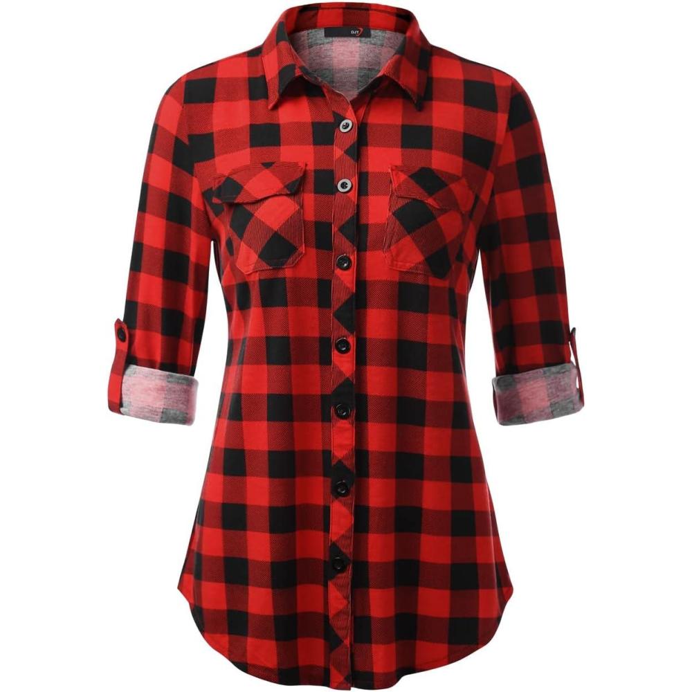 image:imageDJT Womens Soft Stretchy Knit Plaid Shirts Roll Up Long Sleeve Collared Button Down Blouses TopsRed