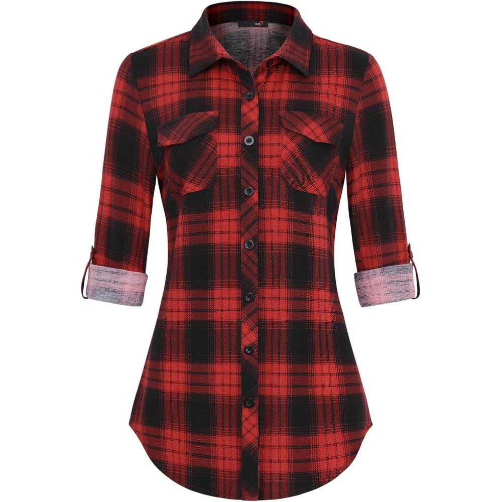 image:imageDJT Womens Soft Stretchy Knit Plaid Shirts Roll Up Long Sleeve Collared Button Down Blouses TopsRed Black Plaid