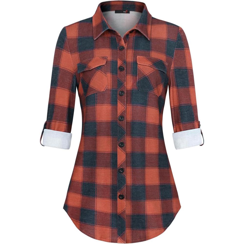 image:imageDJT Womens Soft Stretchy Knit Plaid Shirts Roll Up Long Sleeve Collared Button Down Blouses TopsRednavy Blue