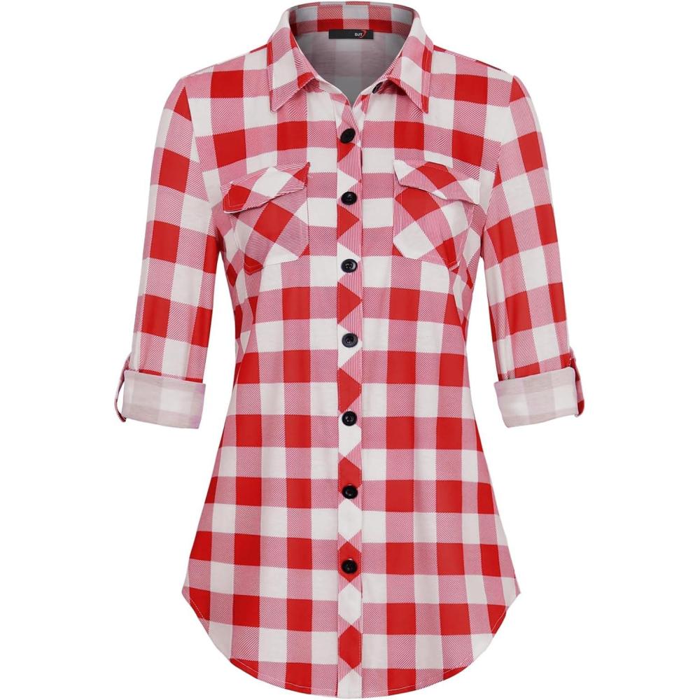 image:imageDJT Womens Soft Stretchy Knit Plaid Shirts Roll Up Long Sleeve Collared Button Down Blouses TopsRedwhite