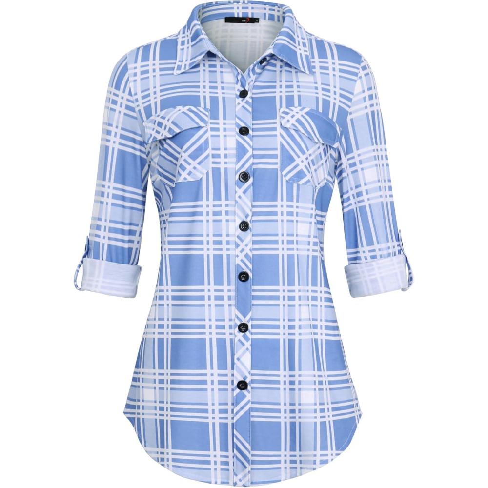 image:imageDJT Womens Soft Stretchy Knit Plaid Shirts Roll Up Long Sleeve Collared Button Down Blouses TopsSky Blue