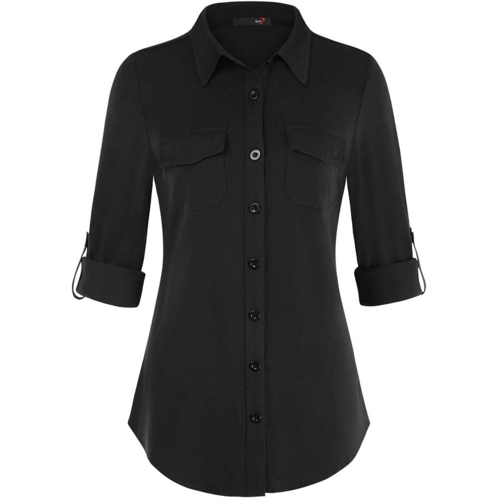 image:imageDJT Womens Soft Stretchy Knit Plaid Shirts Roll Up Long Sleeve Collared Button Down Blouses TopsSolid Black