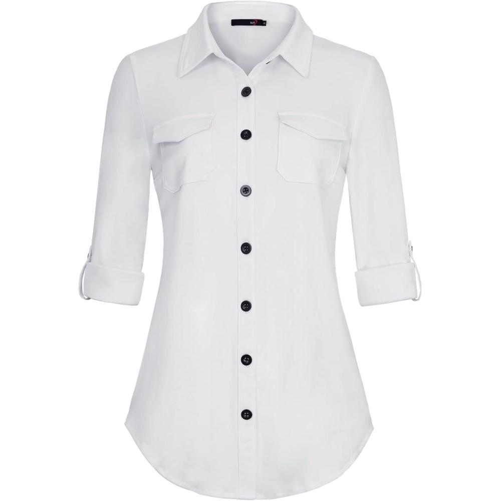 image:imageDJT Womens Soft Stretchy Knit Plaid Shirts Roll Up Long Sleeve Collared Button Down Blouses TopsSolid White