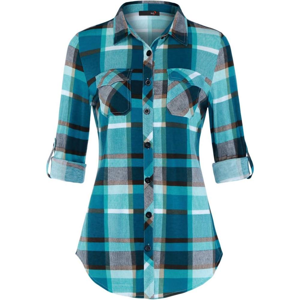 image:imageDJT Womens Soft Stretchy Knit Plaid Shirts Roll Up Long Sleeve Collared Button Down Blouses TopsTurquoise