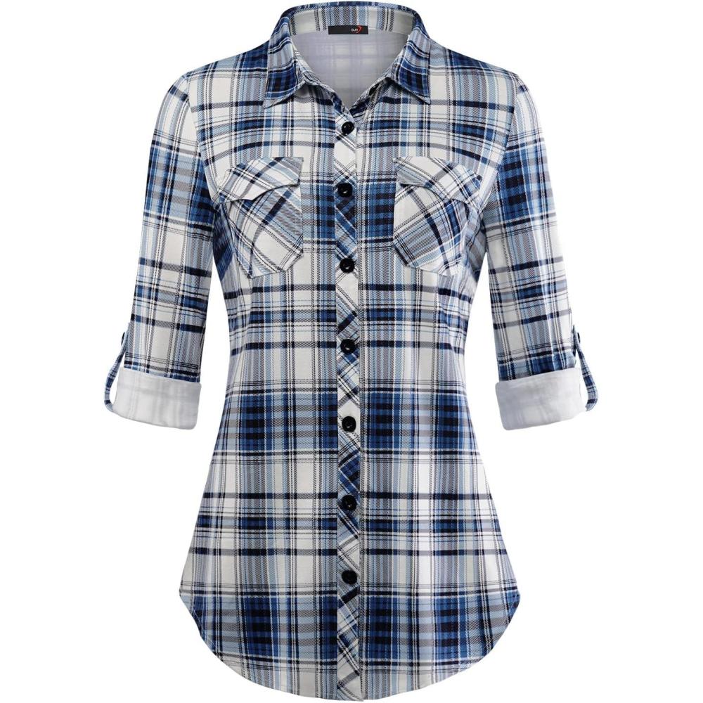 image:imageDJT Womens Soft Stretchy Knit Plaid Shirts Roll Up Long Sleeve Collared Button Down Blouses TopsUpgrade Thicken Fabricblue Plaid