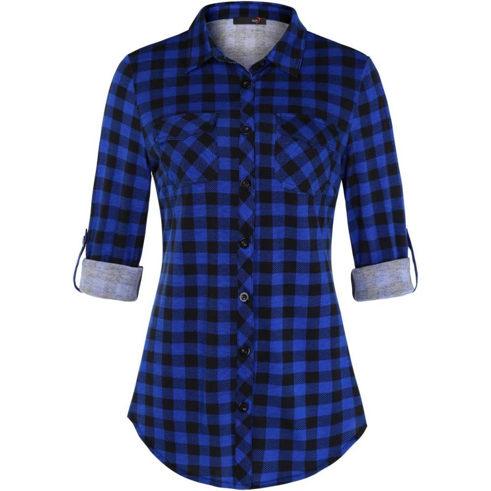 image:imageDJT Womens Soft Stretchy Knit Plaid Shirts Roll Up Long Sleeve Collared Button Down Blouses TopsVibrant Blue