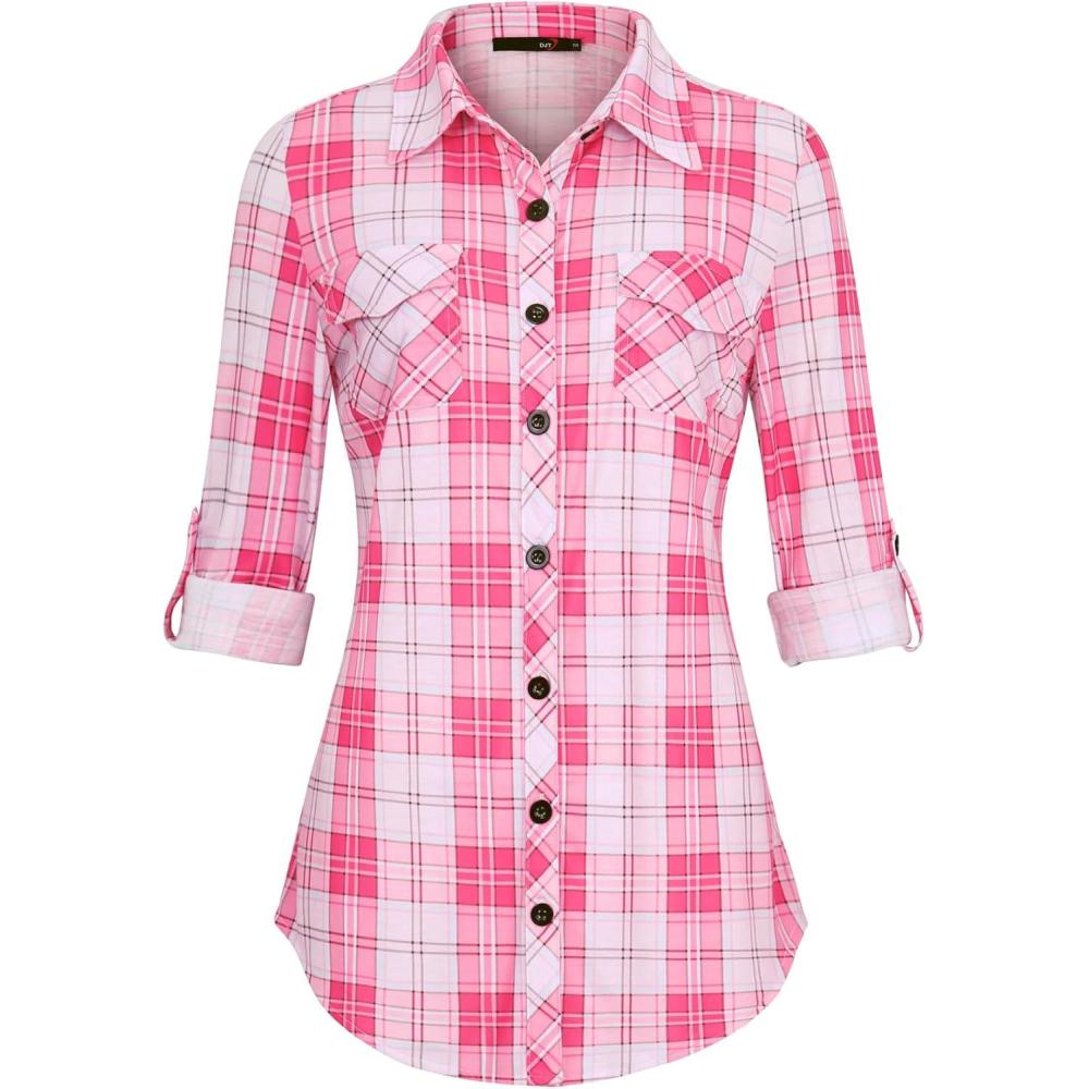 image:imageDJT Womens Soft Stretchy Knit Plaid Shirts Roll Up Long Sleeve Collared Button Down Blouses TopsVibrant Pink