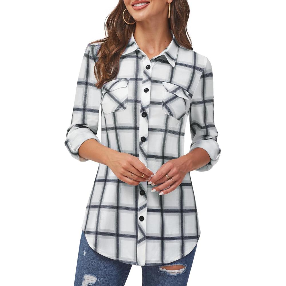 image:imageDJT Womens Soft Stretchy Knit Plaid Shirts Roll Up Long Sleeve Collared Button Down Blouses TopsWhite Plaid
