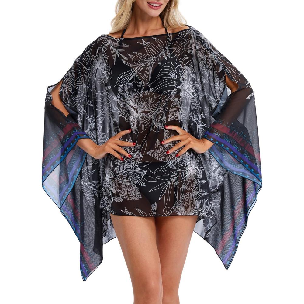 image:imageDJT Womens Summer Beach Bikini Bathing Suit Cover Ups Swimsuit Coverup for Women Chiffon Blouses Tunic TopBlack White Flowers