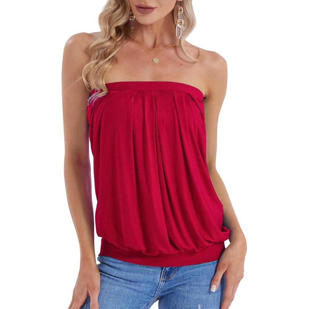 image:imageDJT Womens Tube Tops Strapless Bandeau Tank Strapless Blouse Off The Shoulder Tunic Shirts Summer CasualRed
