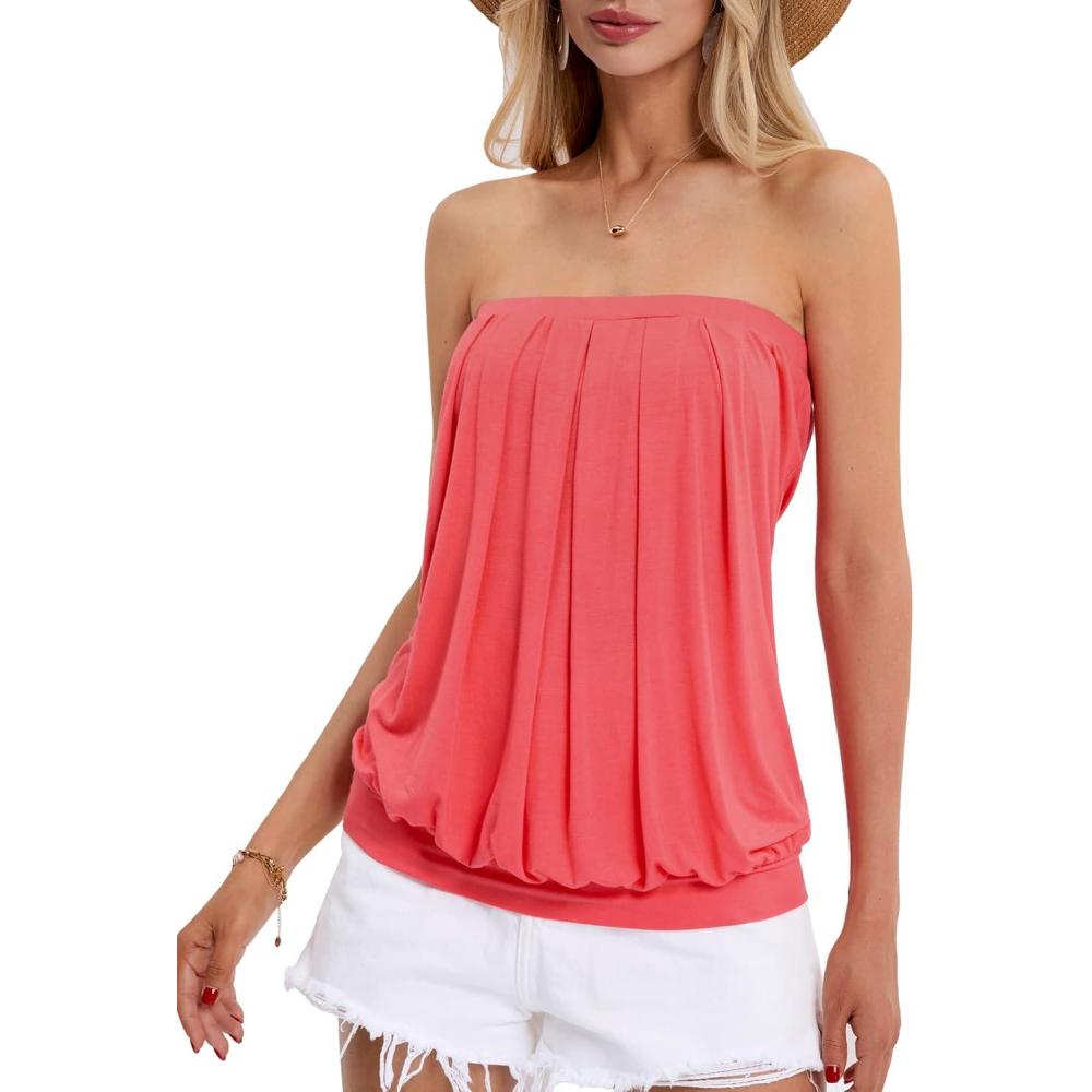 image:imageDJT Womens Tube Tops Strapless Bandeau Tank Strapless Blouse Off The Shoulder Tunic Shirts Summer CasualWatermelon Red