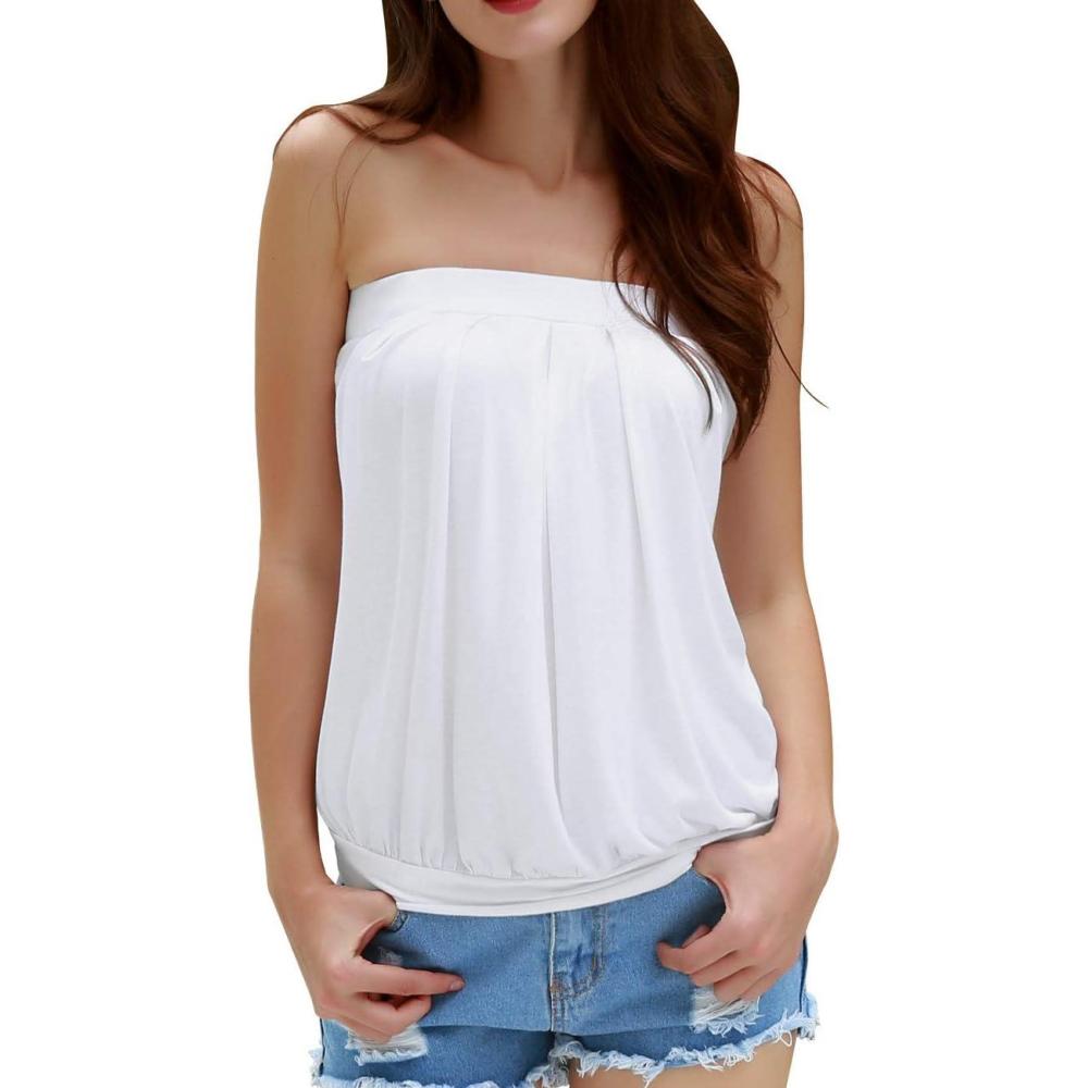 image:imageDJT Womens Tube Tops Strapless Bandeau Tank Strapless Blouse Off The Shoulder Tunic Shirts Summer CasualWhite