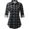 image:imageDJT Womens Soft Stretchy Knit Plaid Shirts Roll Up Long Sleeve Collared Button Down Blouses TopsBlack Plaid