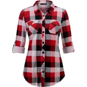 DJT Womens Soft Stretchy Knit Plaid Shirts Roll Up Long Sleeve Collared Button Down Blouses Tops(Bittersweet)