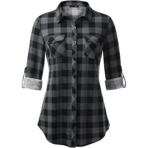 DJT Womens Soft Stretchy Knit Plaid Shirts Roll Up Long Sleeve Collared Button Down Blouses Tops(Black Plaid)