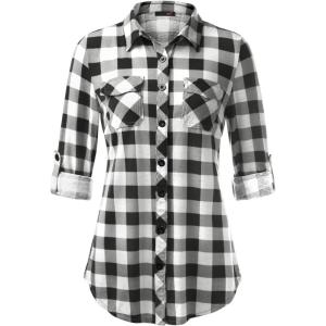 DJT Womens Soft Stretchy Knit Plaid Shirts Roll Up Long Sleeve Collared Button Down Blouses Tops(Black-white)