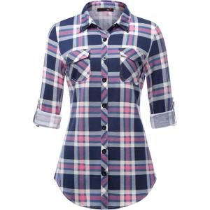 DJT Womens Soft Stretchy Knit Plaid Shirts Roll Up Long Sleeve Collared Button Down Blouses Tops(Blue-pink)