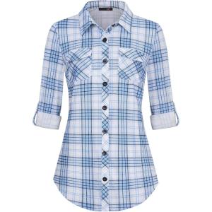 DJT Womens Soft Stretchy Knit Plaid Shirts Roll Up Long Sleeve Collared Button Down Blouses Tops(Blue-white)