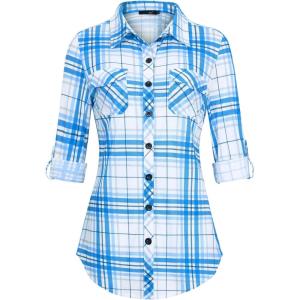 DJT Womens Soft Stretchy Knit Plaid Shirts Roll Up Long Sleeve Collared Button Down Blouses Tops(Blue-white Plaid)
