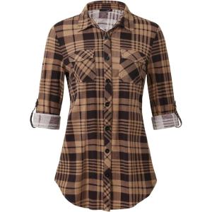 DJT Womens Soft Stretchy Knit Plaid Shirts Roll Up Long Sleeve Collared Button Down Blouses Tops(Coffee)