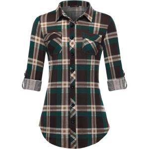 DJT Womens Soft Stretchy Knit Plaid Shirts Roll Up Long Sleeve Collared Button Down Blouses Tops(Coffee-green)