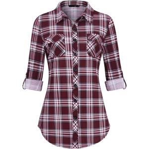 DJT Womens Soft Stretchy Knit Plaid Shirts Roll Up Long Sleeve Collared Button Down Blouses Tops(Dark Red)