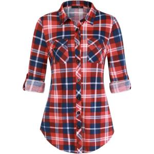 DJT Womens Soft Stretchy Knit Plaid Shirts Roll Up Long Sleeve Collared Button Down Blouses Tops(Fiery Red)