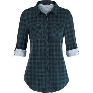 DJT Womens Soft Stretchy Knit Plaid Shirts Roll Up Long Sleeve Collared Button Down Blouses Tops(Green Pattern)