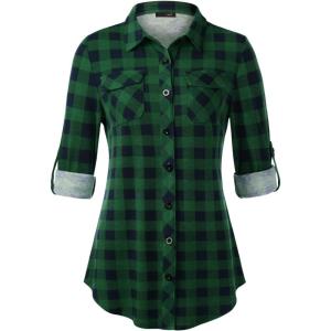 DJT Womens Soft Stretchy Knit Plaid Shirts Roll Up Long Sleeve Collared Button Down Blouses Tops(Green Plaid)