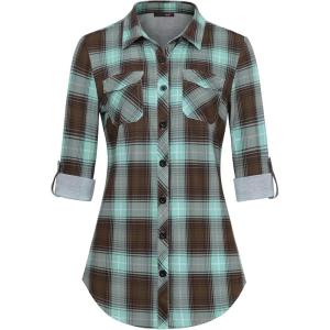 DJT Womens Soft Stretchy Knit Plaid Shirts Roll Up Long Sleeve Collared Button Down Blouses Tops(Green-brown)