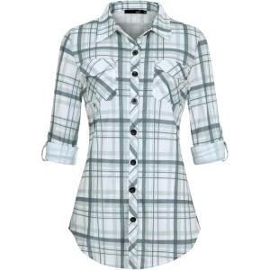 DJT Womens Soft Stretchy Knit Plaid Shirts Roll Up Long Sleeve Collared Button Down Blouses Tops(Grey-green Plaid)