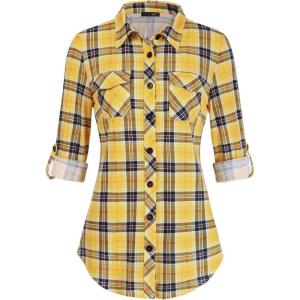 DJT Womens Soft Stretchy Knit Plaid Shirts Roll Up Long Sleeve Collared Button Down Blouses Tops(Lemon)