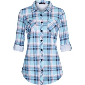 DJT Womens Soft Stretchy Knit Plaid Shirts Roll Up Long Sleeve Collared Button Down Blouses Tops(Light Blue Plaid)