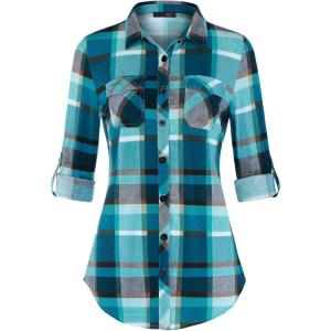 DJT Womens Soft Stretchy Knit Plaid Shirts Roll Up Long Sleeve Collared Button Down Blouses Tops(Multicolor)