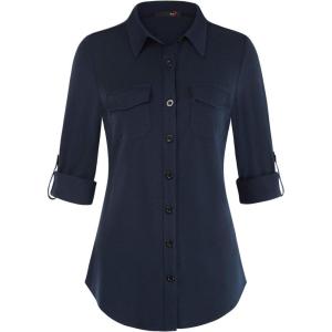 DJT Womens Soft Stretchy Knit Plaid Shirts Roll Up Long Sleeve Collared Button Down Blouses Tops(Navy)