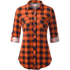 DJT Womens Soft Stretchy Knit Plaid Shirts Roll Up Long Sleeve Collared Button Down Blouses Tops(Orange)