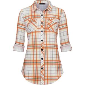 DJT Womens Soft Stretchy Knit Plaid Shirts Roll Up Long Sleeve Collared Button Down Blouses Tops(Orange-white)