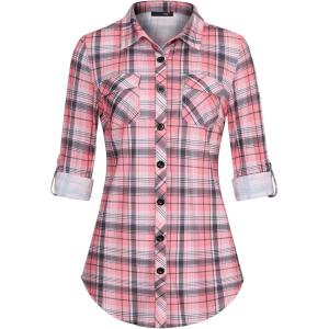 DJT Womens Soft Stretchy Knit Plaid Shirts Roll Up Long Sleeve Collared Button Down Blouses Tops(Pink Plaid)