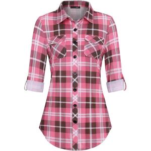 DJT Womens Soft Stretchy Knit Plaid Shirts Roll Up Long Sleeve Collared Button Down Blouses Tops(Pink-coffee)